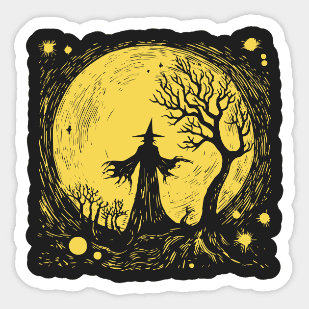 Linocut Witch Sticker by n23tees